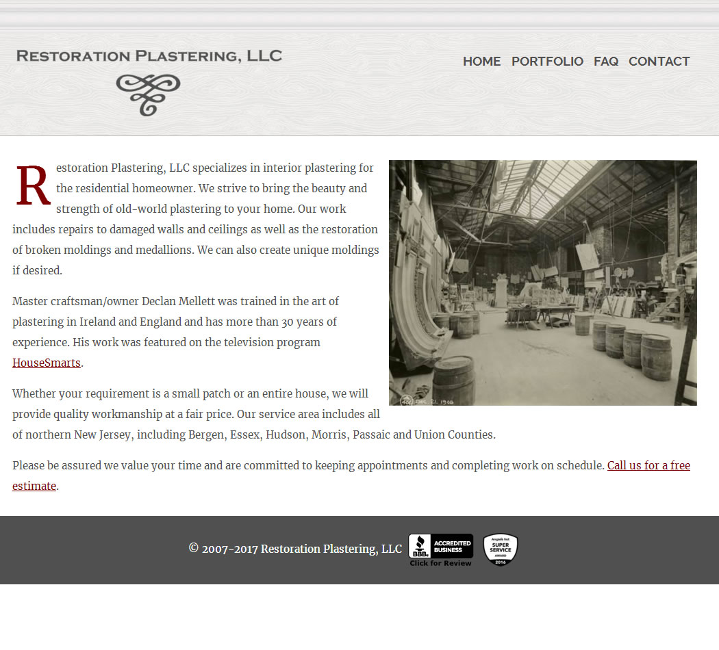 screenshot of the Restoration Plastering website