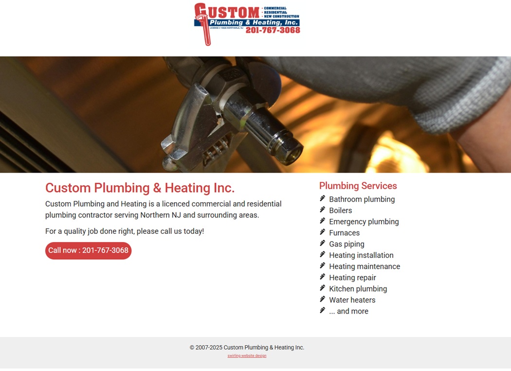 screenshot of the Custom Plumbing & Heating website