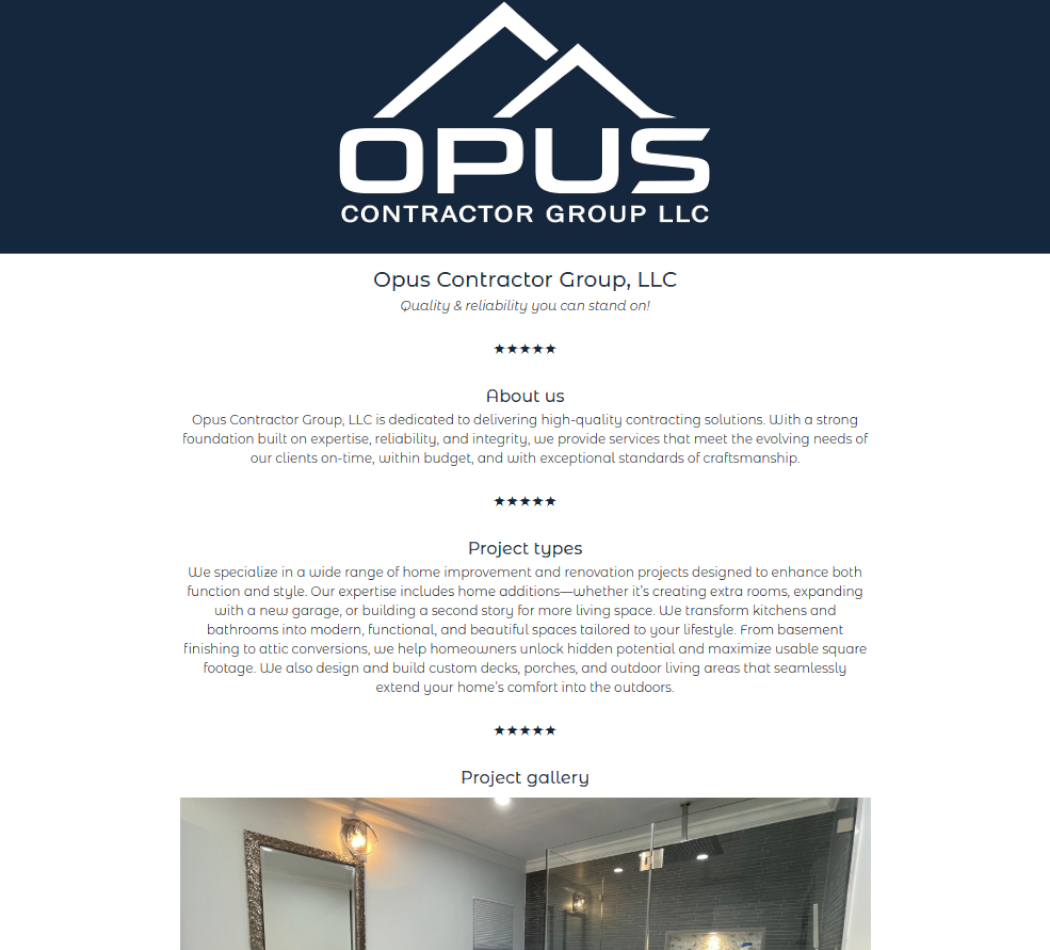 screenshot of the Opus Contractor Group website
